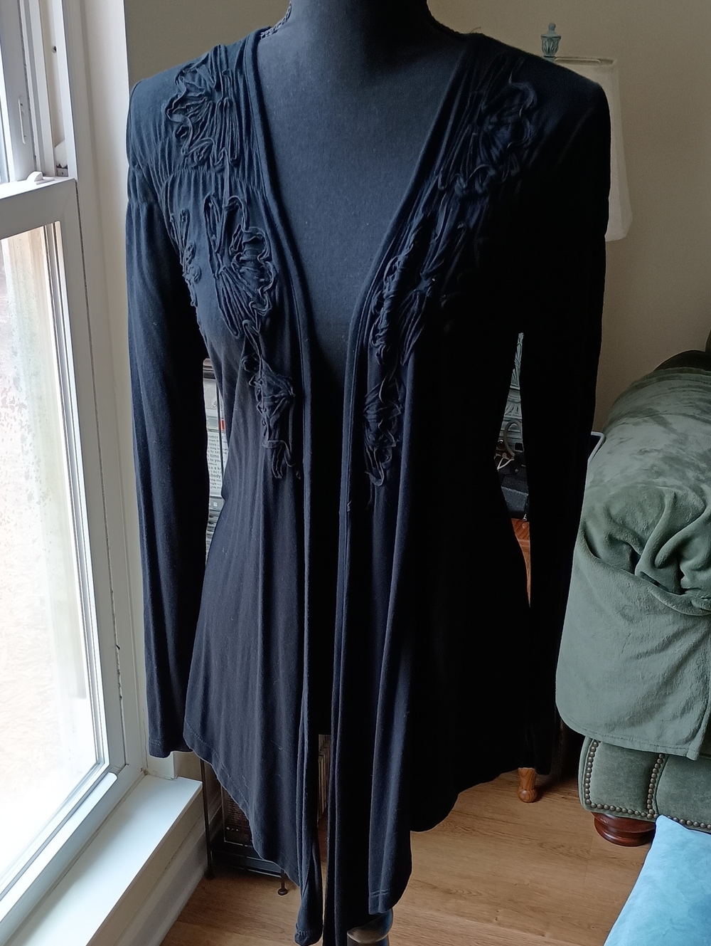 Kenar Black Long Sleeve Open Front Cardigan with Ruched Detail